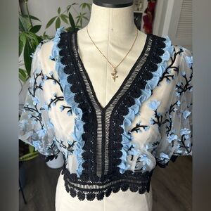 🌸 BEULAH Whimsical Sheer Blue Flower Embroidered Top L
